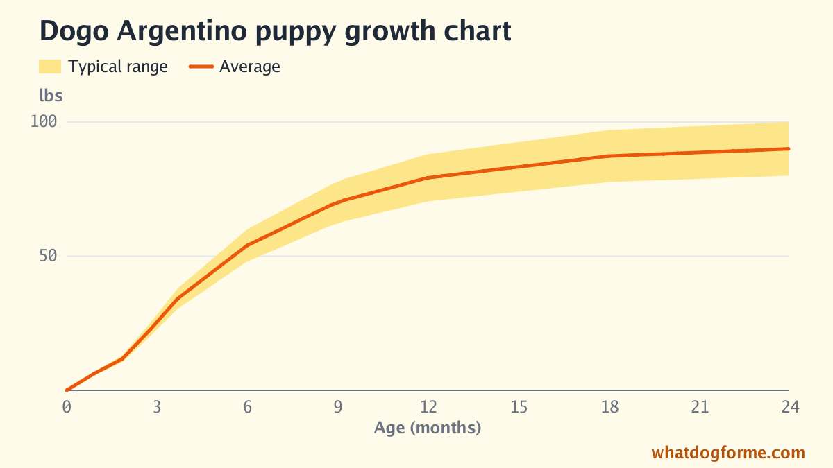 Dogo Argentino puppy growth chart: expected weight by month from birth to 24 months, adult weight 80-100 lbs