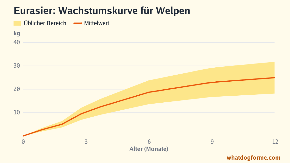 Eurasier: Wachstumskurve für Welpen, erwartetes Gewicht nach Monaten von der Geburt bis 12 Monate, Endgewicht 18-32 kg