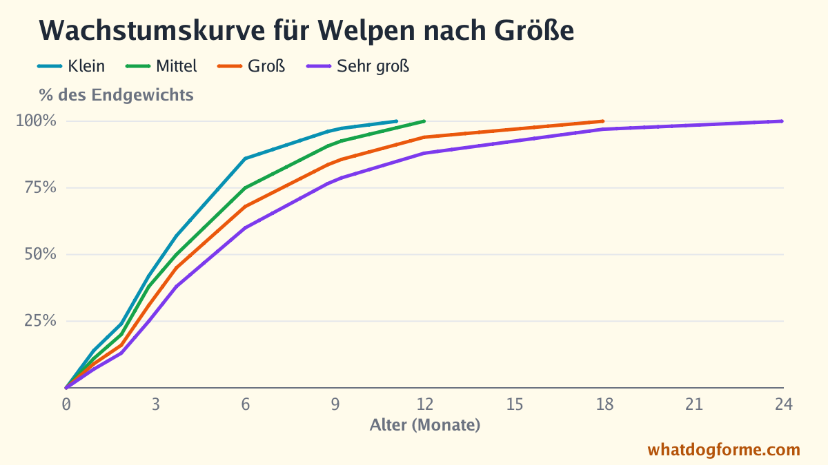 Wachstumskurve für Welpen nach Größe: Anteil am Endgewicht nach Monaten von der Geburt bis 24 Monate für kleine, mittlere, große und sehr große Hunde