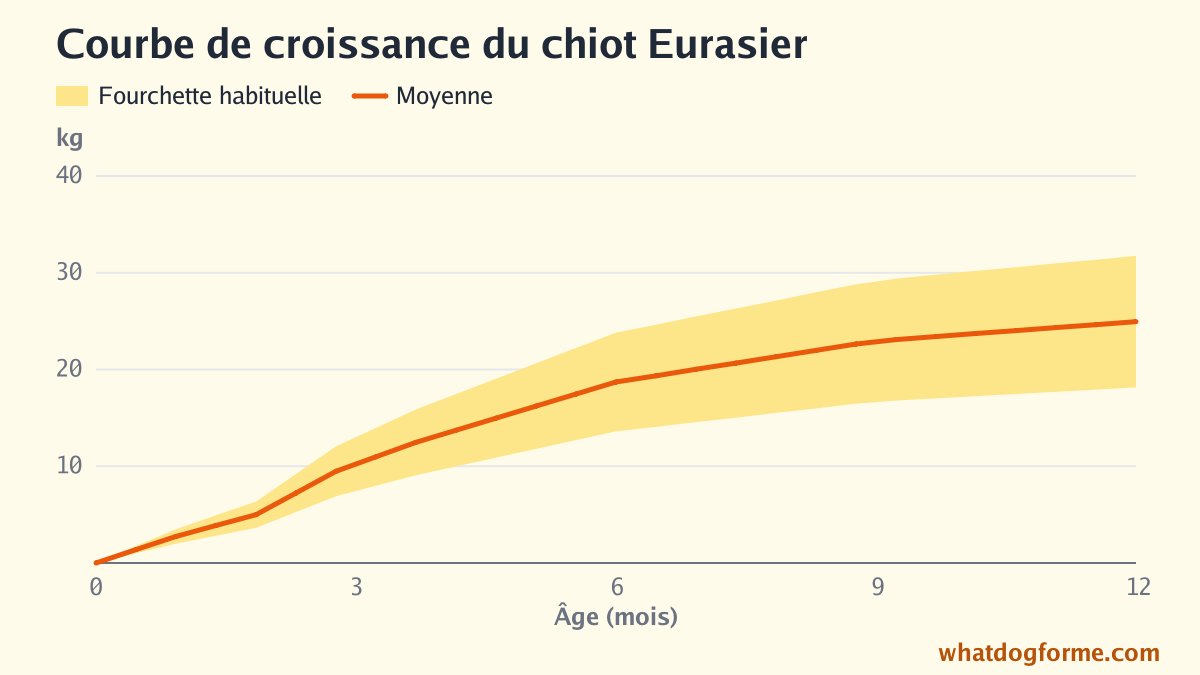 Courbe de croissance du chiot Eurasier : poids attendu mois par mois de la naissance à 12 mois, poids adulte 18-32 kg