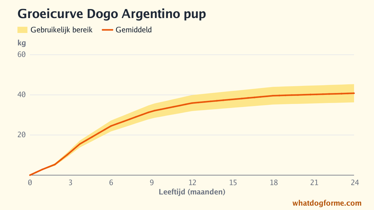 Groeicurve Dogo Argentino pup: verwacht gewicht per maand van geboorte tot 24 maanden, volwassen gewicht 36-45 kg