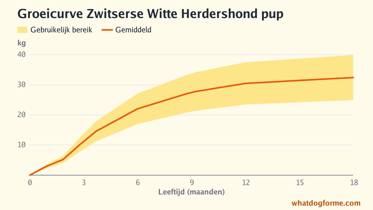 Groeicurve Zwitserse Witte Herdershond pup: verwacht gewicht per maand van geboorte tot 18 maanden, volwassen gewicht 25-40 kg